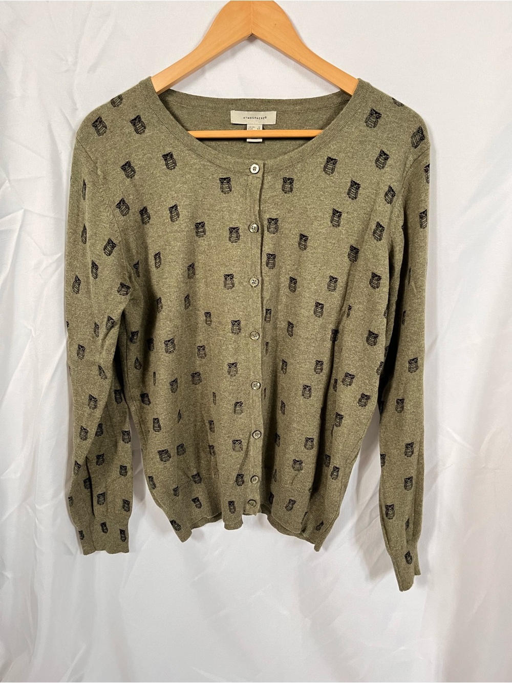 Atmosphere Olive Green Button-Up Cardigan with Black Owl Print